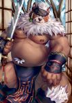  2020 anthro belly brown_body brown_fur bulge clothing fur hi_res humanoid_hands kimun_kamui_(tas) loincloth male mammal miao_piao moobs navel nipples overweight overweight_male piao_miao scar solo tokyo_afterschool_summoners ursid video_games weapon 