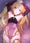  1girl absurdres armlet armor armpits arms_up artist_request bangs bare_shoulders bikini_armor blonde_hair blush bracelet breasts collar cosplay detached_sleeves dress earrings ereshkigal_(fate/grand_order) fate/grand_order fate_(series) floral_print highres jewelry kama_(fate/grand_order) kama_(fate/grand_order)_(cosplay) long_hair looking_at_viewer lying medium_breasts metal_collar on_back open_mouth orange_eyes parted_bangs pelvic_curtain purple_dress purple_sleeves thighlet thighs two_side_up 