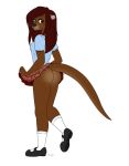  anthro bottomless bottomwear butt clothed clothing female hair looking_at_viewer lutrine mammal mustelid nivarra simple_background skirt smile solo 
