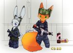  2020 anthro armor body_armor canid canine clothed clothing counter-strike disney duo fox fully_clothed fur green_eyes grey_body grey_fur headgear holding_gun holding_object holding_weapon judy_hopps judyhopps44 lagomorph leporid mammal nick_wilde orange_body orange_fur purple_eyes rabbit red_fox signature weapon zootopia 