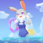  1:1 2020 absurd_res anthro blush breasts buckteeth clothed clothing cloud disney female fully_clothed hi_res inner_tube judy_hopps lagomorph leporid mammal one-piece_swimsuit open_mouth open_smile outside partially_submerged rabbit school_swimsuit sky smile solo swimwear teeth tieradler water zootopia 