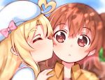  2girls :o ahoge bangs blonde_hair blush bow brown_hair casual cheek_kiss child closed_eyes collared_shirt commentary_request eyebrows_visible_through_hair hand_on_another&#039;s_shoulder hat hat_bow heart_ahoge himesaka_noa hoshino_hinata kiss long_hair medium_hair multiple_girls orange_shirt pink_bow portrait red_eyes shirt side_ponytail signature thick_eyebrows usagi_koushaku watashi_ni_tenshi_ga_maiorita! white_headwear white_shirt yuri 