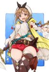  1girl atelier_(series) atelier_ryza belt belt_pouch boots bow bracelet breasts brown_eyes brown_hair eyebrows_visible_through_hair gloves hair_bow hair_ornament hairclip hat highres jewelry looking_at_viewer medium_breasts navel potion pouch reisalin_stout short_shorts shorts sidelocks simple_background smile staff thigh_boots thigh_pouch thighhighs thighhighs_under_boots yamaguchi_satoshi 