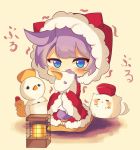  1girl azur_lane blue_eyes blush cat chibi cold fur_trim heater highres holding holding_stuffed_animal hood hood_up inkyubeiteo looking_at_viewer purple_hair snowman stuffed_animal stuffed_toy trembling unicorn_(azur_lane) yellow_background 