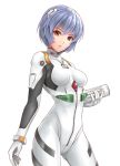  1girl ayanami_rei bangs blue_hair bodysuit breasts breasts_apart cowboy_shot hair_between_eyes holding kirishima_itsuki looking_at_viewer medium_breasts neon_genesis_evangelion plugsuit red_eyes shiny shiny_hair short_hair simple_background solo standing white_background white_bodysuit 