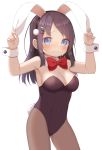  1girl animal_ears bangs bare_shoulders black_hair black_hairband black_leotard blue_eyes blush breasts brown_legwear bunny_ears bunny_tail bunnysuit cleavage closed_mouth collar commentary_request detached_collar eyebrows_visible_through_hair fake_animal_ears hair_ornament hairband hairclip hands_up highres holding_ears leotard long_hair medium_breasts muku_(muku-coffee) nail_polish original pantyhose parted_bangs pink_nails red_neckwear simple_background solo strapless strapless_leotard sweat tail wavy_mouth white_background white_collar wing_collar wrist_cuffs 