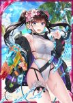 1girl ass_visible_through_thighs bangs beach black_jacket black_ribbon blue_eyes blue_sky blush breasts brown_hair card_(medium) casual_one-piece_swimsuit clothing_request cloud cloudy_sky collarbone competition_swimsuit covered_navel cowboy_shot day eyebrows_visible_through_hair flower green_jacket groin gun hair_flower hair_ornament hakuda_tofu hand_up highleg highleg_swimsuit holding jacket large_breasts lens_flare long_hair long_sleeves looking_at_viewer multicolored multicolored_clothes multicolored_jacket ocean off_shoulder official_art one-piece_swimsuit open_clothes open_jacket open_mouth outdoors palm_tree pink_flower purple_jacket rainbow red_flower ribbon shinkai_no_valkyrie single_bare_shoulder skindentation sky solo sunlight sweat swimsuit thigh_strap tree twintails water water_drop water_gun weapon white_swimsuit 