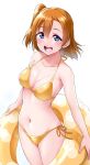  1girl :d bangs bare_arms bare_legs bikini bikini_bottom bikini_top blue_eyes blush breasts cleavage collarbone hair_between_eyes halterneck highres innertube kousaka_honoka looking_at_viewer love_live! love_live!_sunshine!! medium_breasts medium_hair nail_polish navel open_mouth orange_bikini orange_hair polka_dot side-tie_bikini side_ponytail simple_background sleeveless smile solo swimsuit upper_teeth white_background yopparai_oni 