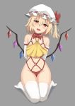 1girl absurdres arms_behind_back blonde_hair blush breasts choker elbow_gloves eyebrows_visible_through_hair flandre_scarlet gloves groin hat highres kneeling looking_at_viewer navel neckerchief open_mouth red_neckwear revealing_clothes shiny shiny_hair short_hair simple_background small_breasts smile solo thighhighs touhou white_gloves white_legwear wings wuwusan yellow_neckwear 