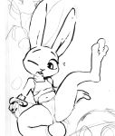  anthro buckteeth butt clothed clothing disney female fur judy_hopps lagomorph leporid mammal midriff monochrome navel one_eye_closed open_mouth paperclip_(artist) rabbit simple_background sketch solo teeth white_background zootopia 