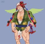 1boy abs bara beard bulge cerberus_arts chest facial_hair fundoshi hogen_(tokyo_houkago_summoners) horns japanese_clothes looking_at_viewer male_focus manly mask mask_removed muscle nipples old_man pectorals penis_peek single_horn smile solo tokyo_houkago_summoners upper_body yellow_eyes 