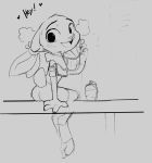  anthro bench blush bodily_fluids clothed clothing disney ears_tied_back female fully_clothed fur hi_res judy_hopps lagomorph leporid mammal monochrome open_mouth open_smile paperclip_(artist) rabbit simple_background sitting sketch smile solo sweat sweatdrop water_bottle zootopia 