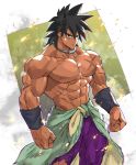  1boy abs bara black_eyes black_hair broly broly_(dragon_ball_super) chest dragon_ball dragon_ball_super_broly looking_at_viewer male_focus muscle nikism nipples pectorals scar shirtless solo spiked_hair thighs upper_body wristband 