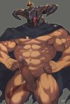  1boy abs bar_censor bara censored chest cloak erection glowing glowing_eye granblue_fantasy hands_on_hips helmet looking_at_viewer male_focus male_pubic_hair muscle navel nipples nude pectorals penis precum pubic_hair rybiokaoru solo thick_thighs thighs upper_body vaseraga veins veiny_penis 