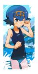  1girl bangs blue_eyes blue_hair blush body_blush breasts bubble closed_mouth commentary_request cowboy_shot eyebrows_visible_through_hair fingernails freckles gold_hairband hairband hands_up highres one_eye_closed pokemon pokemon_(game) pokemon_sm school_swimsuit shamonabe short_hair small_breasts solo splashing suiren_(pokemon) swimsuit trial_captain water wet 