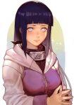  1girl bangs black_hair blunt_bangs blush breasts closed_mouth fingernails fishnets forehead_protector grey_eyes hime_cut hood hood_down hooded_jacket hungry_clicker hyuuga_hinata jacket konohagakure_symbol large_breasts lips long_hair long_sleeves looking_at_viewer naruto_(series) naruto_shippuuden no_pupils own_hands_together pink_lips purple_jacket sidelocks solo straight_hair upper_body white_sleeves zipper 