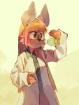  2020 aardwolf anthro black_nose brown_hair clothing coat eyewear female focused glasses hair holding_object hyaenid lab_coat long_hair mammal potion scientist simple_background solo sony-shock topwear yellow_background 