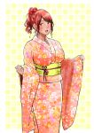  1girl bangs blush breasts highres japanese_clothes kimono large_breasts lips looking_at_viewer medeo_i open_mouth original ponytail red_hair solo uncensored wavy_hair yukata 