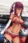  1girl absurdres adidas bangs bare_shoulders belt bikini bikini_top blurry blurry_background breasts checkered checkered_flag choker cleavage collarbone commentary_request cowboy_shot criss-cross_halter dark_skin elbow_gloves eyebrows_visible_through_hair flag girls_frontline gloves groin hair_between_eyes hair_ribbon halterneck highleg highleg_bikini highres holding holding_flag large_breasts long_hair looking_at_viewer mercedes-benz midriff navel parted_lips purple_hair race_queen racecar red_bikini red_choker red_shorts ribbon saiga-12_(girls_frontline) short_shorts shorts side_ponytail sidelocks signature skindentation solo standing suzishi_ovo swimsuit thighhighs vehicle_request white_belt white_gloves white_legwear white_ribbon yellow_eyes 