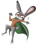  abs absurd_res cape carrot clothing disney ears_up feet female food fur green_cape grey_body grey_ears grey_fur hero hi_res judy_hopps lagomorph leotard leporid mammal mask muscle_tone orange_leotard paws plant rabbit solo superhero tail_tuft thebiggeewhizz toes tuft vegetable zootopia 