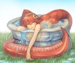  2017 absurd_res blush butt female grass green_eyes hair hi_res humanoid_pointy_ears kiddie_pool lamia looking_at_viewer miia_(monster_musume) monster_girl_(genre) monster_musume open_mouth outside ponytail red_body reptile ring rubber_duck scalie serpentine smile snake solo sookmo water 