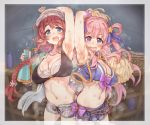  2girls 7010 arm_up armpits braid braided_ponytail breasts brown_eyes brown_hair cleavage green_eyes hair_ornament hair_ribbon hatsune_(princess_connect!) large_breasts looking_at_viewer megaphone midriff misato_(princess_connect!) multiple_girls navel open_mouth pink_hair pointy_ears pom_poms princess_connect! princess_connect!_re:dive ribbon shorts skirt steam sweat visor_cap 