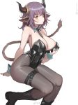  1girl alternate_costume animal_ears arknights artist_name bare_shoulders between_breasts black_footwear black_legwear boots breasts cleavage detached_collar hand_on_own_chest highres horns knee_boots large_breasts leotard nail_polish necktie necktie_between_breasts pantyhose purple_hair short_hair sideroca_(arknights) simple_background sitting solo sweatdrop tail v-shaped_eyebrows weibo_username white_background wrist_cuffs wtcolor yellow_eyes 