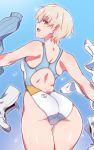  1girl ass blonde_hair blue_background boots_removed competition_swimsuit em_(totsuzen_no_hakike) from_behind green_eyes hanna_wind looking_at_viewer one-piece_swimsuit short_hair smile solo sweater_removed swimsuit thigh_gap thighs undressing world_witches_series 