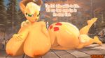  16:9 3d_(artwork) 4k absurd_res anthro applejack_(mlp) bedroom_eyes big_breasts breasts digital_media_(artwork) equid equine feet female fishing_rod forest freckles freckles_on_breasts friendship_is_magic hand_on_breast hasbro hi_res huge_breasts huge_thighs lying mammal my_little_pony narrowed_eyes nose_wrinkle nude on_side pier pond raised_leg seductive smiling_at_viewer solo source_filmmaker text thick_thighs trailssfm tree widescreen 