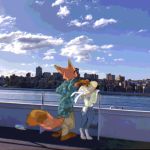  1:1 anthro barefoot bottomwear canid canine city clothed clothing cloud detailed_background disney duo eyewear fox fully_clothed fur grey_body grey_fur hat headgear headwear hi_res judy_hopps lagomorph leporid mammal nick_wilde oimotomeru91 orange_body orange_fur outside pants photo_background rabbit red_fox shirt sky standing sunglasses topwear water zootopia 