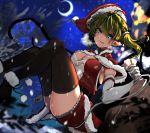  1girl :d ahoge alternate_costume armpits belt black_legwear blue_eyes blush boots breasts capelet christmas_lights cleavage cleavage_cutout commentary_request crescent_moon daiyousei elbow_gloves fairy_wings floating full_body fur_trim gloves green_hair hair_ribbon hat highres looking_at_viewer lunateelf medium_breasts moon open_mouth outdoors ribbon sack santa_boots santa_costume santa_hat short_hair side_ponytail sky smile snow solo star_(sky) starry_sky thighhighs touhou wings zettai_ryouiki 