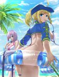 2girls artoria_pendragon_(all) ass beach bikini blonde_hair blue_eyes blue_sky breasts butt_crack cloud fate/grand_order fate_(series) food hair_over_one_eye highres innertube large_breasts looking_at_viewer mash_kyrielight mouth_hold multiple_girls mysterious_heroine_xx_(foreigner) noeru palm_tree ponytail popsicle short_hair shrug_(clothing) sideboob sky strap_gap swimsuit swimsuit_of_perpetual_summer thighs tree untied untied_bikini 