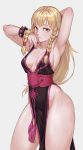  1girl alternate_costume alternate_hair_color armpits arms_up black_dress blonde_hair bracelet braid breasts cheshirrr china_dress chinese_clothes chun-li cleavage dress hair_down highres jewelry long_braid long_hair looking_at_viewer medium_breasts nail_polish no_bra no_panties nose pelvic_curtain red_eyes side_braids side_slit sideboob solo spiked_bracelet spikes street_fighter street_fighter_v sweat thick_thighs thighs twin_braids 