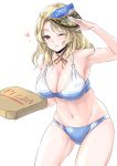  1girl bangs bikini blonde_hair blue_bikini blush breasts cleavage clothes_writing eyebrows_visible_through_hair food hat heart highres holding houston_(kantai_collection) kantai_collection large_breasts long_hair one_eye_closed pizza_box salute simple_background solo swimsuit takomeshi visor_cap white_background yellow_eyes 