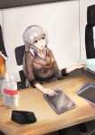  1girl absurdres belt black_belt breasts brown_jacket cellphone chair eyebrows_visible_through_hair girls_frontline grey_eyes grey_hair hat hat_removed headwear_removed highres huge_filesize jacket jewelry long_hair looking_away medium_breasts military military_hat military_uniform office office_chair open_mouth paper phone ring shirt smartphone smirnoff_(vodka) solo svd_(girls_frontline) svd_fun table tablet_pc talking_on_phone uniform white_shirt 