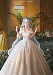  1girl absurdres arknights blush breasts cleavage dclaribelle dress flower grey_hair highres indoors lamp lips long_dress long_hair open_mouth palm_tree patterned_clothing red_eyes skadi_(arknights) teeth tree wedding_dress white_dress 