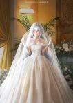  1girl absurdres arknights blush breasts bridal_veil cleavage dclaribelle dress flower grey_hair highres indoors lamp lips long_dress long_hair open_mouth palm_tree patterned_clothing red_eyes skadi_(arknights) teeth tree veil wedding_dress white_dress 