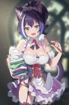  1girl :d animal_ears apron black_legwear black_panties blurry blurry_background breasts brooch cat_ears cat_tail cleavage corset cowboy_shot depth_of_field duster fang fiodo garter_straps glint green_eyes highres jewelry karyl_(princess_connect!) laundry looking_at_viewer maid_headdress medium_breasts multicolored_hair open_mouth panties ponytail princess_connect! purple_hair skin_fang smile solo standing streaked_hair tail thighhighs underwear waist_apron 