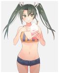  1girl bikini black_shorts breasts collarbone cowboy_shot crepe dark_green_hair denim denim_shorts food food_on_face green_eyes grey_background kantai_collection kasumi_(skchkko) long_hair looking_at_viewer navel short_shorts shorts simple_background small_breasts smile solo striped striped_bikini swimsuit twintails zuikaku_(kantai_collection) 