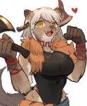  &lt;3 2020 absurd_res anthro breasts brown_body brown_fur cute_fangs female fur hair hi_res holding_object holding_weapon open_mouth simple_background smile solo sookmo species_request weapon white_background white_hair yellow_eyes 