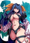  1girl areola_slip areolae asymmetrical_wings bangs belt black_panties blue_hair breast_press breasts choker cleavage detached_sleeves dizzy_(guilty_gear) eyebrows_visible_through_hair fingernails guilty_gear guilty_gear_x guilty_gear_xx hair_between_eyes hair_ribbon hair_rings highres large_breasts long_hair long_sleeves looking_at_viewer looking_down midriff monster_girl navel necro_(guilty_gear) open_mouth panties partially_visible_vulva puffy_long_sleeves puffy_sleeves red_eyes ribbon sharp_fingernails simple_background skindentation solo tail thick_thighs thigh_strap thighs toned tsuki_wani twintails underwear wings yellow_ribbon 