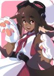  1girl azuumori belt brown_hair cat_paws commentary dark_skin dress eyebrows_visible_through_hair fangs gloves goggles goggles_on_head hair_between_eyes highres looking_at_viewer medium_hair open_mouth paws red_dress red_eyes red_neckwear smile solo white_gloves white_headwear 