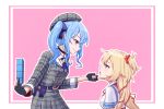  2girls akai_haato bangs belt belt_buckle black_choker black_gloves blonde_hair blue_belt blue_bow blue_eyes blue_hair blue_neckwear border bow bowtie breasts buckle checkered checkered_dress checkered_headwear choker closed_mouth commentary dress eye_contact eyebrows_visible_through_hair finger_to_another&#039;s_chin fingerless_gloves gloves grey_dress grey_headwear hair_bow hair_ornament hair_ribbon hat heart heart_hair_ornament highres holding hololive hoshimachi_suisei long_hair long_sleeves looking_at_another medium_breasts medium_hair mimyung00 multiple_girls neck_ribbon neckerchief neckwear open_mouth outline outside_border pink_background red_neckwear red_ribbon ribbon sailor_collar sailor_dress sailor_shirt school_uniform serafuku shirt short_sleeves side_ponytail sidelocks sleeves_past_elbows smile star_(symbol) tetris tied_hair upper_body virtual_youtuber white_border white_outline white_shirt 