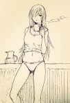  1girl bare_shoulders bow bow_panties breasts cleavage closed_mouth coffee coffee_mug cup greyscale hair_over_one_eye hatching_(texture) holding holding_cup long_hair looking_at_viewer midriff monochrome mug navel no_pants original panties panties_day shobu_minaka sketch solo steam traditional_media underwear 
