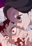  10_(user_uzrp7275) 1boy 1girl absurdres black_hair blood blood_on_face commentary_request facial_scar fangs fingernails highres kibutsuji_muzan kimetsu_no_yaiba lipstick makeup official_style purple_eyes red_eyes red_lipstick scar sharp_fingernails slit_pupils tamayo_(kimetsu_no_yaiba) white_hair 