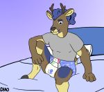  anthro bed blue_body blue_fur blue_hair brown_body brown_fur cervid clothed clothing deer_in_a_onesie_(artist) diaper fur furniture hair hi_res infantilism looking_down male mammal pillow simple_background sitting smile solo tykables 
