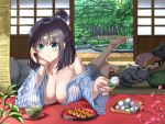  1girl :t animal_ears arm_support bamboo bamboo_forest blush breasts brown_hair cat_ears cleavage dango food food_request forest green_eyes hair_bun highres japanese_clothes kimono large_breasts lying nature noeru off_shoulder on_stomach original rock_garden see-through tatami the_pose wagashi wet wet_clothes wide_sleeves yukata 