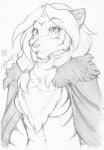  2019 anthro breasts chest_tuft cloak clothing conditional_dnp featureless_breasts felid female hi_res looking_at_viewer mammal monochrome mostly_nude pantherine pose robe simple_background sketch solo stripes tiger tom_fischbach tuft twokinds webcomic 