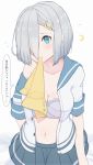  1girl blue_eyes blush bra breasts collarbone hair_ornament hair_over_one_eye hairclip hamakaze_(kantai_collection) highres kantai_collection large_breasts looking_at_viewer navel neckerchief_in_mouth open_clothes open_shirt pleated_skirt qqqmei school_uniform serafuku short_hair silver_hair skirt solo translation_request twitter_username underwear white_background white_bra yellow_neckwear 