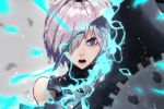  1girl fate/grand_order fate_(series) grey_background hair_over_one_eye kdm_(ke_dama) looking_at_viewer mash_kyrielight open_mouth portrait purple_eyes shiny shiny_hair short_hair silver_hair solo upper_body 